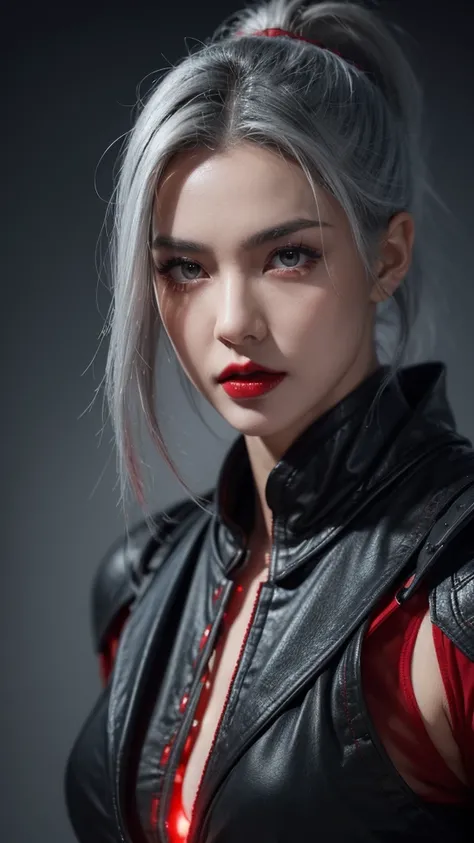 a woman with red lips, grey hair, hot body, wearing a black and red ninja costume, beautiful detailed eyes,beautiful detailed lips,extremely detailed eyes and face,longeyelashes,ninja,action,detailed facial features,high quality,8k,HDR,photorealistic,drama...