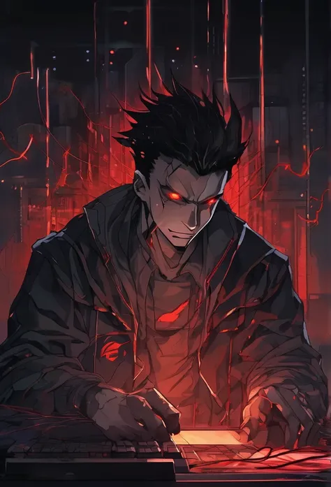 anime man with a dark and brooding demeanor, with glowing red eyes and a malicious grin,  into a powerful computer  with visible electric currents flowing through his body, while ominous shadows surround him, (sinister:1.2), (dark and moody lighting), (omi...