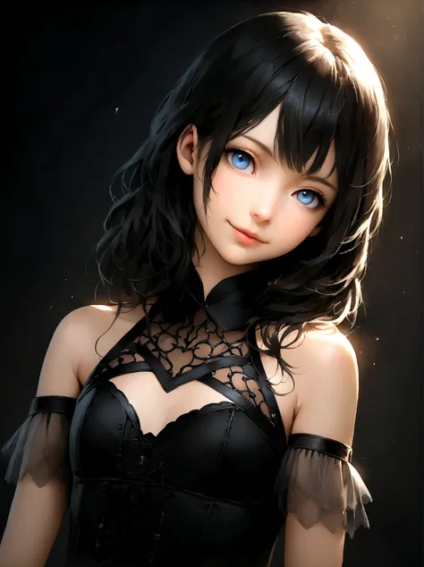 Sexy and seductive black corset  and lingerie...........:1.2, looking to the camera, cinematic lighting, perfect, Luz outfit, high resolution skin:1.2, realistic skin texture, beautiful 14-year-old girl、a cute face, 、, off the shoulders, copa bust c、small ...