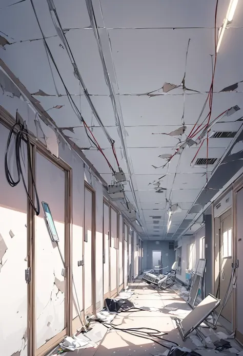 Hospital corridor　ruins　Signs of vandalism　Props such as collapsing hospital beds　The ceiling panels have come off and cords are hanging down.　