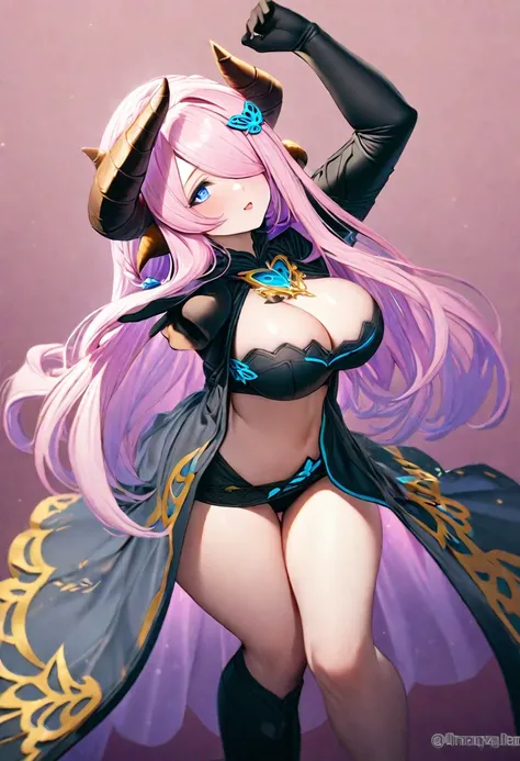 Narmaya in a standing pose gestures towards the viewer. She is wearing a black bikini and hooded cloak with turquoise accents. Around her neck is a gorgeous gold and turquoise colored ornament. She has elbow length black gloves. The background is a nebulou...