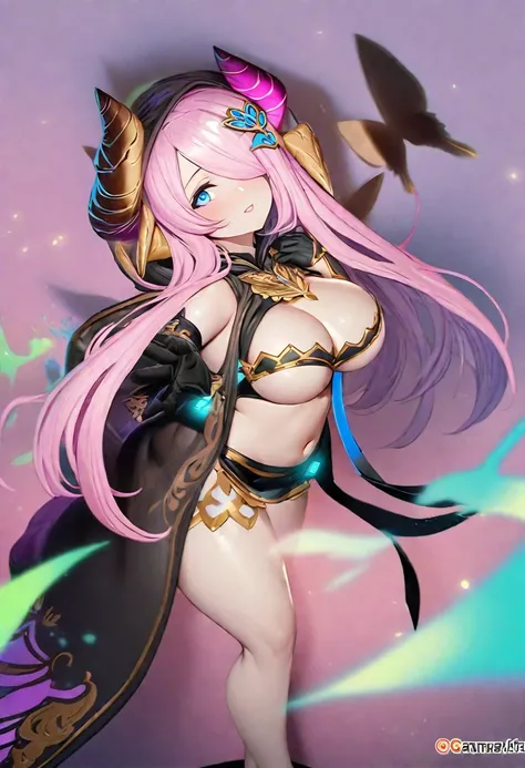 Narmaya in a standing pose gestures towards the viewer. She is wearing a black bikini and hooded cloak with turquoise accents. Around her neck is a gorgeous gold and turquoise colored ornament. She has elbow length black gloves. The background is a nebulou...