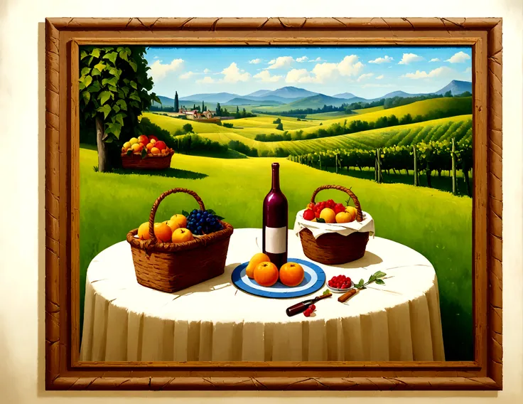 
painting of a picnic table with a bottle of wine and a basket of fruit, by Igor Grabar, still life painting, by Mikhail Lebedev, stylized digital illustration, by Alexander Deyneka, by Alexander Kucharsky, an idyllic vineyard, by Franz Hegi, digital artwo...