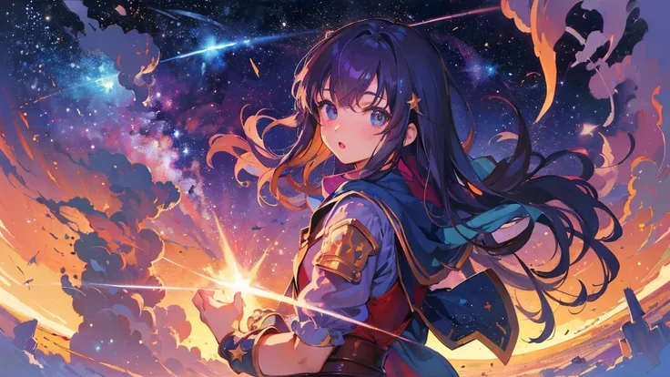 (masterpiece、Highest quality、Official Art:1.2)、Look at the viewers、(Girl))、（Dragon Quest Player Costume）Star Island、Star fragments scattered、（Meteors），Colorful floating starry sky、(2D:1.5)