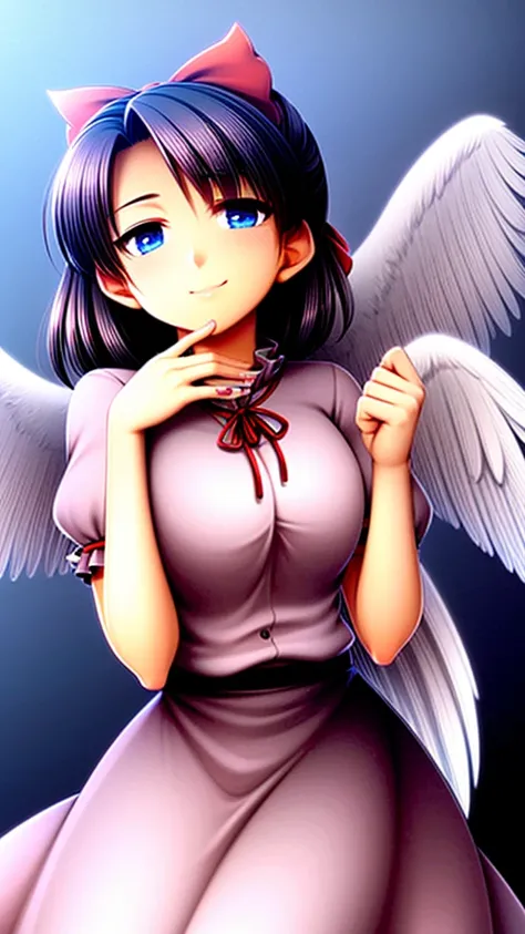 (best quality,4k,8k,highres,masterpiece:1.2), ultra-detailed, highly detailed texture, intricate details, A cute teenage angel with blue eyes, drawn in anime style, 1girl, , , 10 years old, medium blue hair, hair flaps, pink ribbon on head, well-formed fac...