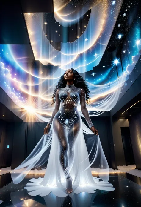 A holographic projection of a see through, translucent, transparent black woman wearing a long wavy transparent white dress, shes floating in the sky among the clouds. Black woman and dress made of beautiful emerging shining stars and galaxy. Emanating gli...