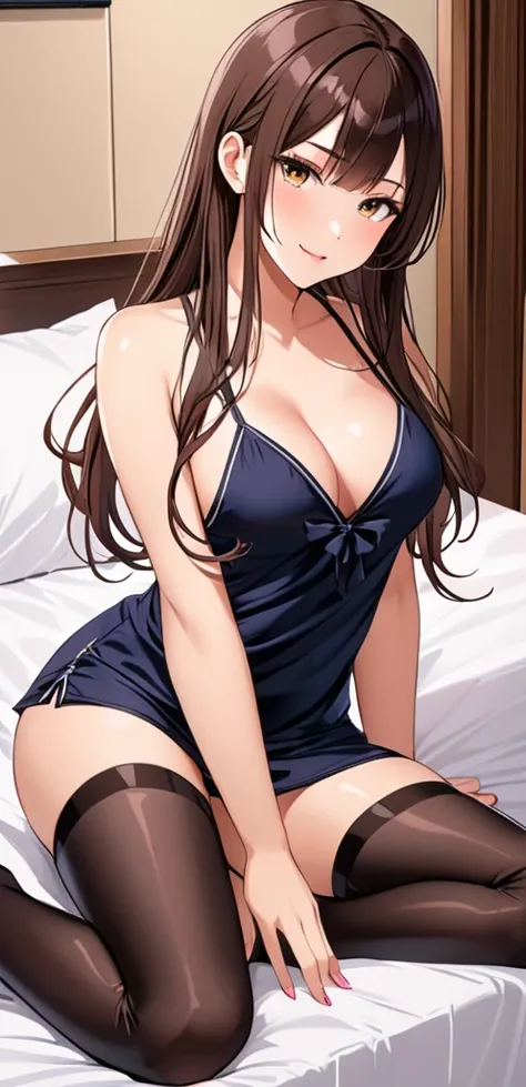 (masterpiece, best quality:1.2), 1girl, sitting in a bed, brunette, long hair, horny, black pajamaini skirt, sexy pose, open legs, Thigh high leggings
