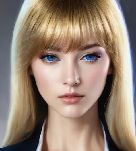 The image shows a woman with the following physical characteristics:

1. Hair
   - Color: Light blonde almost white, with 2 golden strands.
   - Style: Short and straight, with bangs that fall over the forehead.

2. Face:
   - Skin: Clear.
   - Eyes: Blue ...