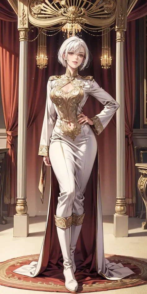 setting: royal bedroom - grand, opulent, with rich fabrics and tapestries character: appearance: white hair - short, styled in a...