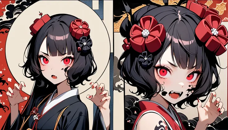 (((Horror elements))), (((TATOO on the face))), (((claw pose))), (((Highest quality))), (((Katsushika Hokusai))), (((Ink Painting))), ((very straight longhair)), ((1 girl)), ((Eyes glow red)), ((A beautiful girl possessed by a demon and showing her fangs))...