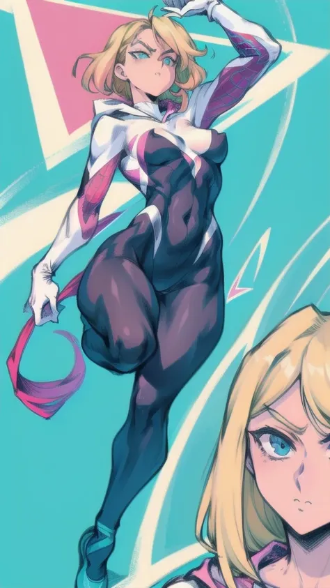 Full body image of Gwen Stacy as Spider-Gwen, full body in image, wearing her original Spider-Gwen outfit (white, black, and pink hooded suit with web patterns on the inside of the hood, white gloves, and blue ballet shoes), short blonde hair with the hood...