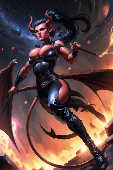 Red skin succubus tiefling, medium breasts, cleavage, black horns, wings, huge tail, black leather, tall, toned, graceful, thin, long black ponytail. Action scene, whip. Dark scene, explosions, night sky.