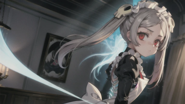 1girl, solo, indoors, whole body, looking at viewer, skg_marie, maid, maid apron, maid headdress, twin tails, skull hair ornament, red brooch, juliet sleeves, light rays, glow, (masterpiece), looking back, thick thighs, thick ass 