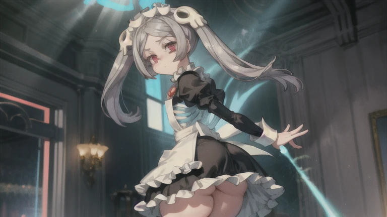 1girl, solo, indoors, whole body, looking at viewer, skg_marie, maid, maid apron, maid headdress, twin tails, skull hair ornament, red brooch, juliet sleeves, light rays, glow, (masterpiece), looking back, thick thighs, thick ass 