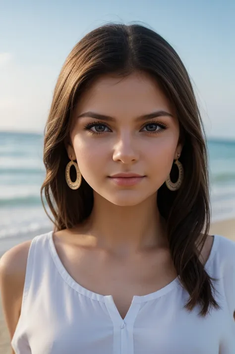 a young ukrainian girl on the beach, beautiful  face, eyes large, big eyelashes, soft skin, long hair, large earrings, 比基尼, godd...