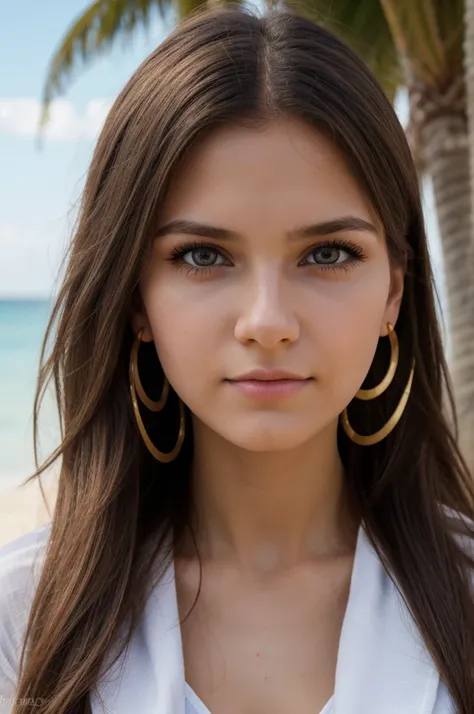 a young ukrainian girl on the beach, beautiful  face, eyes large, big eyelashes, soft skin, long hair, large earrings, 比基尼, godd...