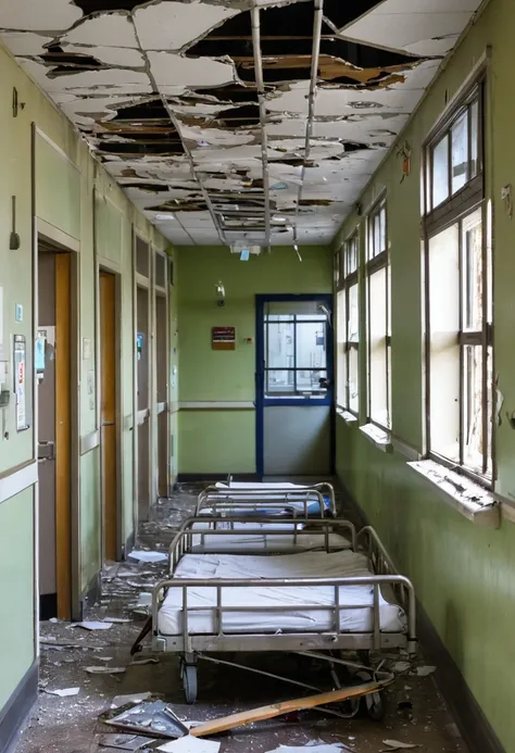 Hallway in front of the hospital room　ruins　Signs of vandalism　Props such as collapsing hospital beds　The ceiling panels have come off and cords are hanging down.