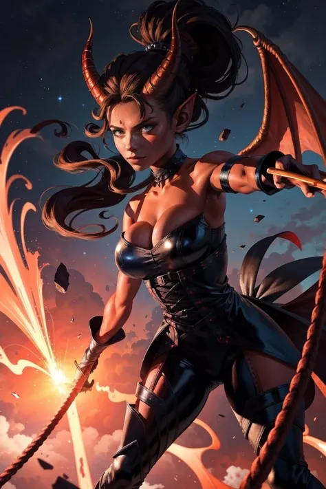 Red skin succubus tiefling, huge breasts, black horns, wings, huge tail, black leather, tall, toned, graceful, thin, long black ponytail. Action scene, whip. Dark scene, explosions, night sky.