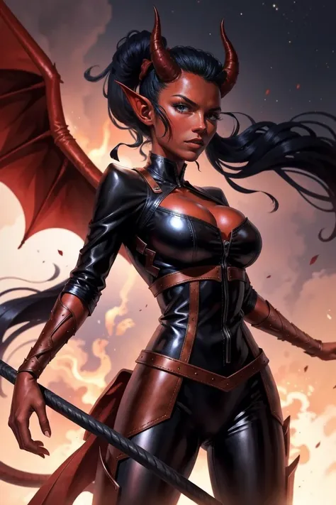 Red skin succubus tiefling, huge breasts, black horns, wings, huge tail, black leather, tall, toned, graceful, thin, long black ponytail. Action scene, whip. Dark scene, explosions, night sky.