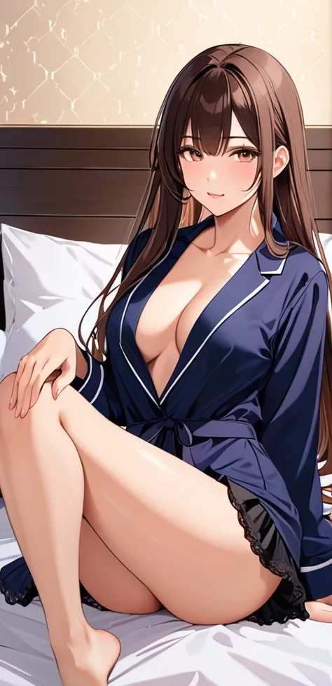 (masterpiece, best quality:1.2), 1girl, sitting in a bed, brunette, long hair, horny, black pajamaini skirt, sexy pose, open legs, Thigh high leggings
