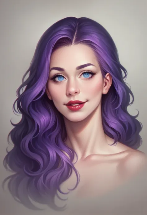 A portrait photo of a beautiful influencer woman, with captivating purple hair, mesmerizing blue eyes, bold red lips, and a charming, irresistible smile, in the cozy ambiance of a modern coffe shop, human details, 8k resolution, realistically rendered - ev...