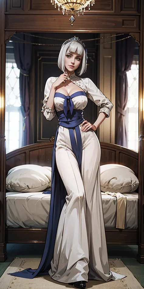 Setting: Royal bedroom - Grand, opulent, with rich fabrics and tapestries Character: Appearance: White hair - Short, styled in a sharp bob Full figure - Curvaceous Attire: High boots - Leather, reaching up the calves Elegant outfit - Befitting the royal se...