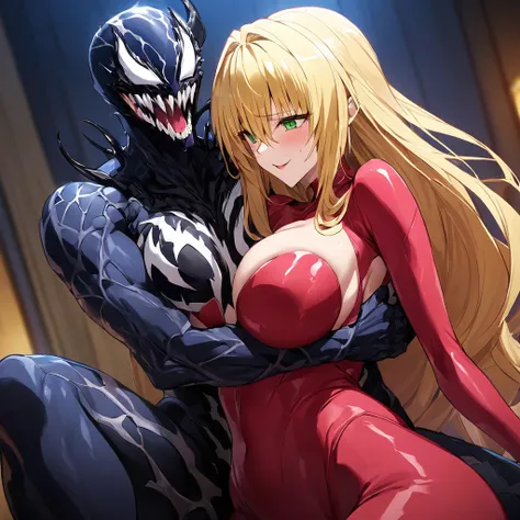 ((Highest quality)), ((masterpiece)), (detailed), （Perfect Face）、The Venom woman is Tearju, a green-eyed, blonde, medium-long-haired female Venom who has completely transformed into Venom and is wearing a red Venom suit that fits her entire body, including...