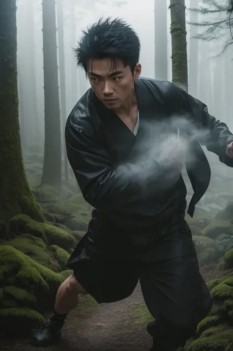 Realistic image of a Japanese man fighting physical shadows in a gloomy forest with fog in the background