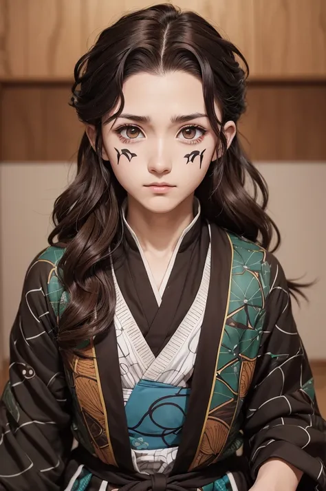 ((Kimetsu no yaiba comic panel))  with straight, medium-wavy light brown hair and brown eyes 