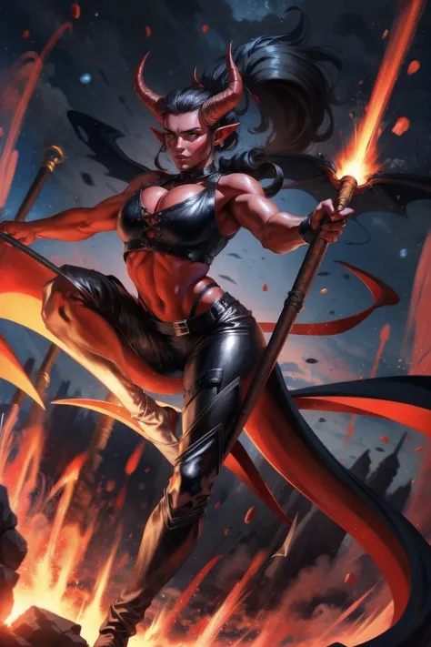 Red skin succubus tiefling, medium breasts, black horns, wings, huge tail, black leather, crop top, tall, toned, graceful, thin, long black ponytail. Action scene, whip. Dark scene, explosions, night sky.