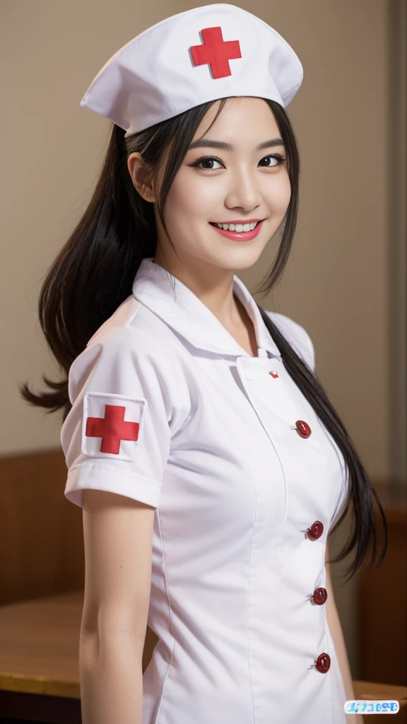 masterpiece, best quality, 1girl, solo, standing, terrarianurse, nurse, nurse cap, smile, syringe