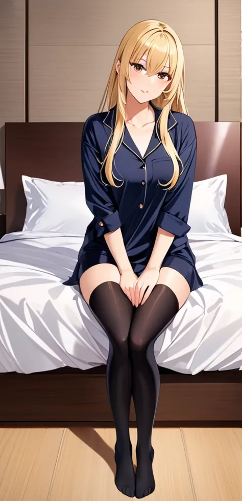 (masterpiece, best quality:1.2), 1girl, sitting in a bed, blonde, long hair, horny, black pajamini skirt, sexy pose, open legs, Thigh high leggings, feet