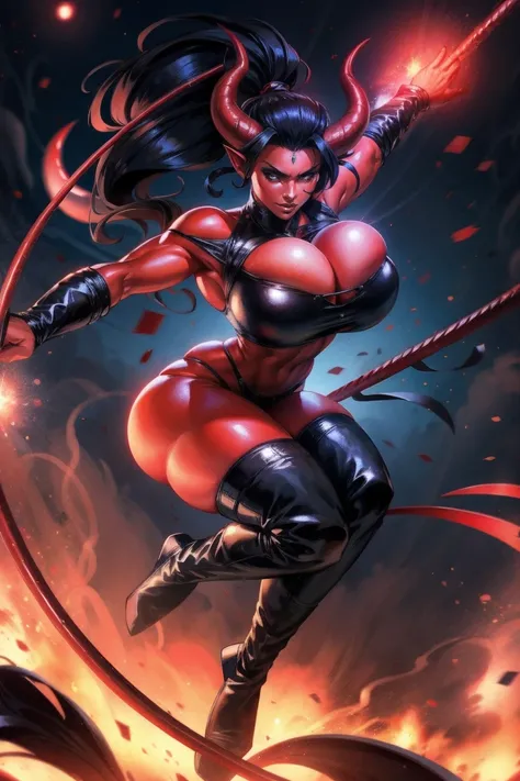 Red skin succubus tiefling, medium breasts, black horns, wings, huge tail, black leather, cleavage, crop top, thong, tall, toned, graceful, thin, long black ponytail. Action scene, whip. Dark scene, explosions, night sky.