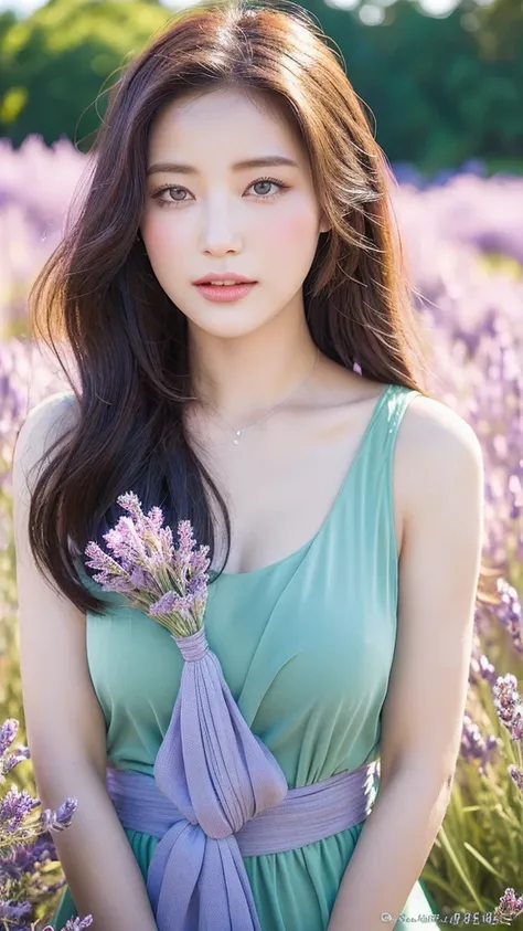 （lifelike， high resolution：1.3）， close up，Sense of story，Realism，Chinese aesthetics，In a lavender field。Lavender sways gently，Exudes a charming fragrance。Her eyes were confused，full of romantic atmosphere。A lavender scarf is wrapped around the neck，Complem...