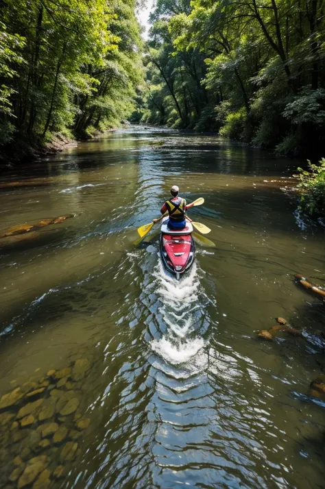 A person from behind paddling in a river