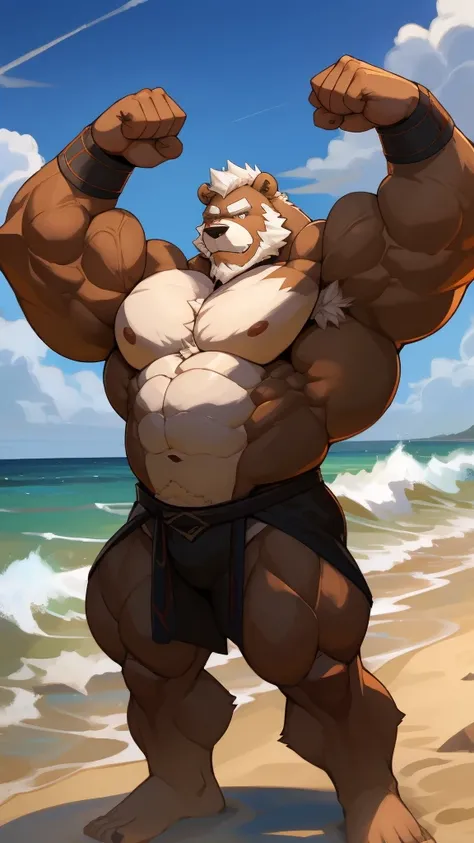 Solo, 1boy, a huge muscular furry Grizzly bear old man flexing at the beach, huge shoulder muscle, shirtless, muscle, strong man, strong bear, huge muscle, short hair, bearded, white hair and beard, massive body, black swim trunks, thick brown fur, wristba...