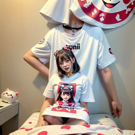 White and Bright Red, (Masterpiece 8K TopQuality:1.2) (ProfessionalPhoto:1.37) ExtremelyDetailed (((a T-shirt) with PUNIPUNI KAWAII girl Printed on it) with "SUPER BITCH" Logo ) 