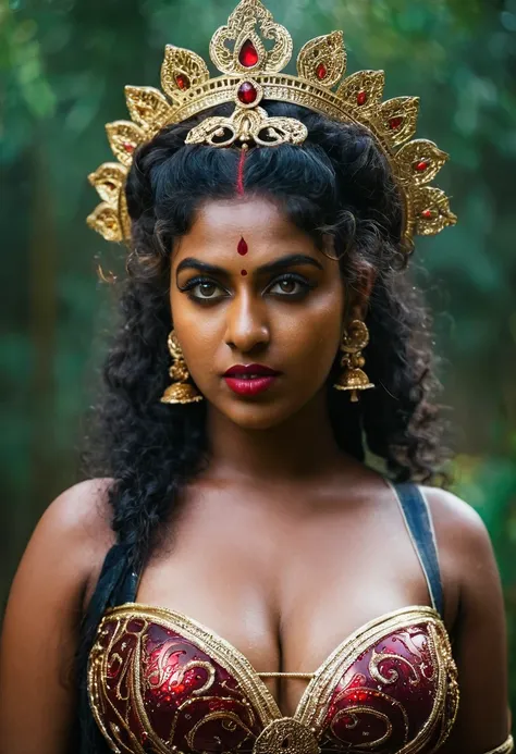 (((photo of a ancient kerala crowned temple goddess ))), (((black kali))) , (((half body))), (((very dark skin))), (((age 18+)))...