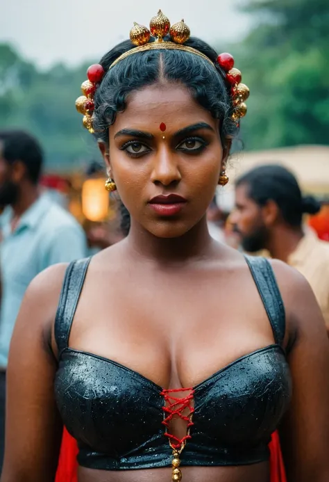 (((photo of a ancient kerala crowned temple goddess ))), (((black kali))) , (((Half Body))), (((very dark skin))), (((age 18+))), (((chubby tall))), (((huge busty milky wet big massive boobs))), (((nude thigh))), (((ancient black mini skirt))), ((black ski...