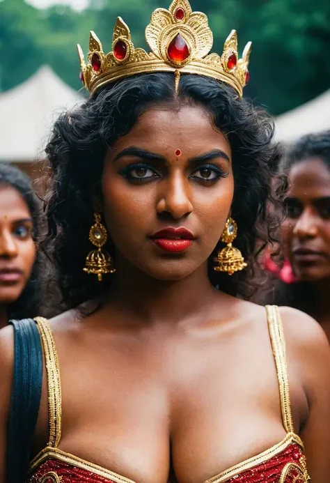 (((photo of a ancient kerala crowned temple goddess ))), (((black kali))) , (((Half Body))), (((very dark skin))), (((age 18+))), (((chubby tall))), (((huge busty milky wet big massive boobs))), (((nude thigh))), (((ancient black mini skirt))), ((black ski...