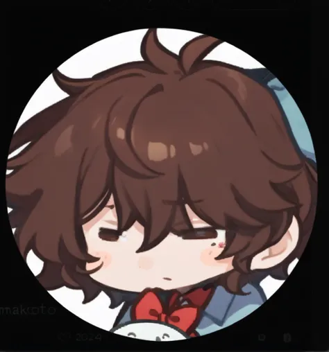 a close up of a cartoon character with a bow tie, he has short, curly brown hair, discord pfp, discordant profile photo, anime moe art style, has sorte, Makoto, profile photo 1024px, half body head shot, telegram sticker, Tomorrow, holding a modest pose, m...