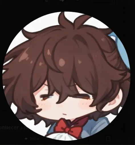 a close up of a cartoon character with a bow tie, he has short, curly brown hair, discord pfp, discordant profile photo, anime moe art style, has sorte, Makoto, profile photo 1024px, half body head shot, telegram sticker, Tomorrow, holding a modest pose, m...