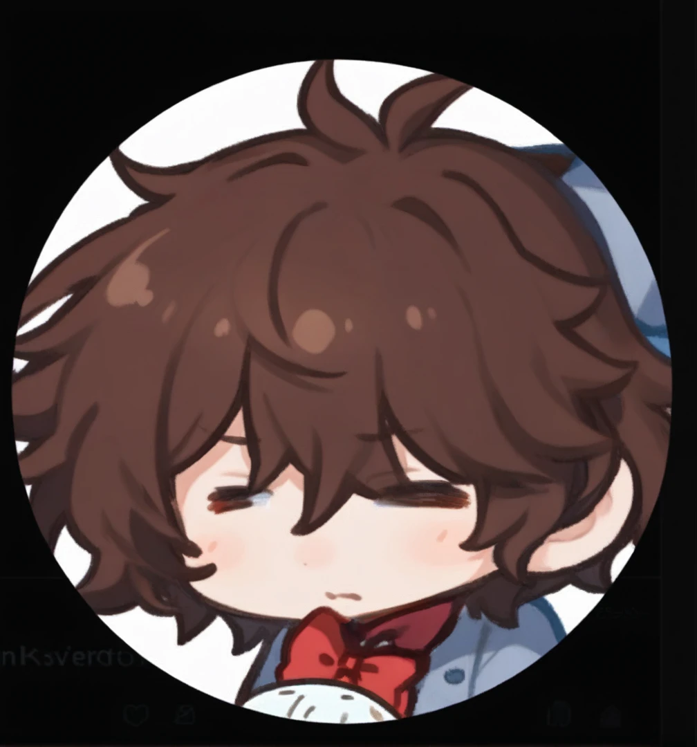 a close up of a cartoon character with a bow tie, he has short, curly brown hair, discord pfp, discordant profile photo, anime moe art style, has sorte, Makoto, profile photo 1024px, half body head shot, telegram sticker, Tomorrow, holding a modest pose, m...