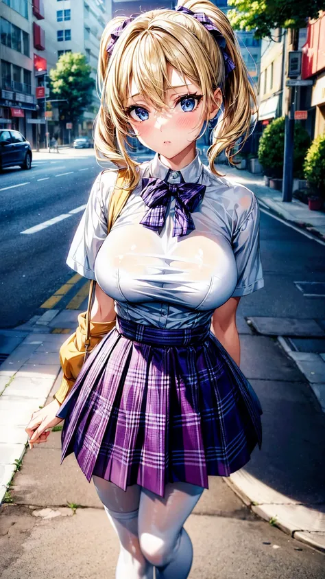 1girl,masterpiece,best quality,blonde hair,(ponytails),blue eyes,(white stockings),(purple plaid skirt),short skirt,standing,in full length,medium breasts,white t shirt,in front of streets,extremely detailed,[[realistic]],beautiful alluring anime teen,sedu...