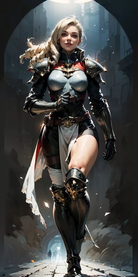 (masterpiece, best quality, 4k, 1girlsolo, 1MILF, mmplatz, smile, red cheeks, plain background:1.2) perfect face, perfect lighting, mature whsororitas with gloves red gauntlets in her hands like Cammy White from Street Fighter, bob white hair, warhammer 40...