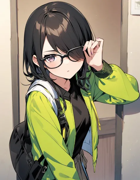 diagonal, bright、Glasses、woman、Jacket、Hiding one eye、stylish