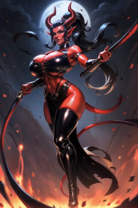 Red skin succubus tiefling, large breasts, black horns, wings, huge tail, black leather, crop top, long flowing pelvic curtain, tall, toned, graceful, thin, long black ponytail. Action scene, whip. Dark scene, explosions, night sky.