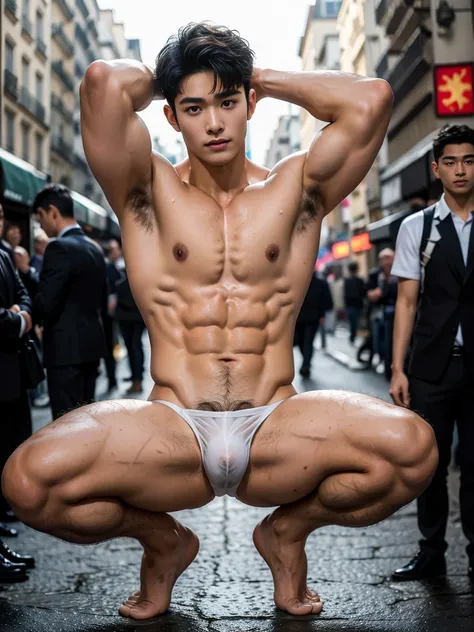 Full body, Sheer Transparent thong, very hairless armpits, Very crowded street, Topless, shirtless, 17 years old boy, very young boy, Cinematic soft lighting illuminates a stunningly detailed and ultra-realistic handsome Chinese male supermodel, ultra shor...