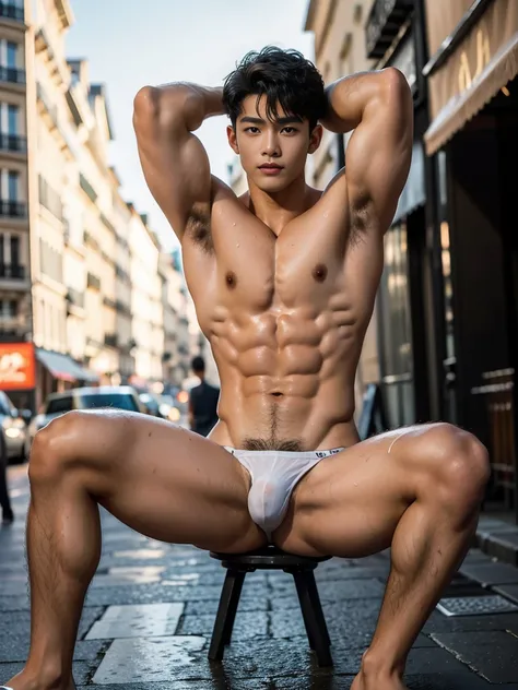 Full body, Sheer Transparent thong, very hairless armpits, Very crowded street, Topless, shirtless, 17 years old boy, very young boy, Cinematic soft lighting illuminates a stunningly detailed and ultra-realistic handsome Chinese male supermodel, ultra shor...