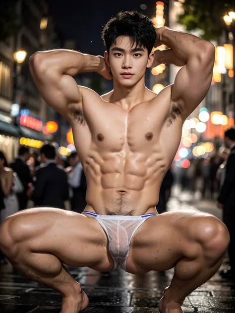 Full body, Sheer Transparent thong, very hairless armpits, Very crowded street, Topless, shirtless, 17 years old boy, very young boy, Cinematic soft lighting illuminates a stunningly detailed and ultra-realistic handsome Chinese male supermodel, ultra shor...